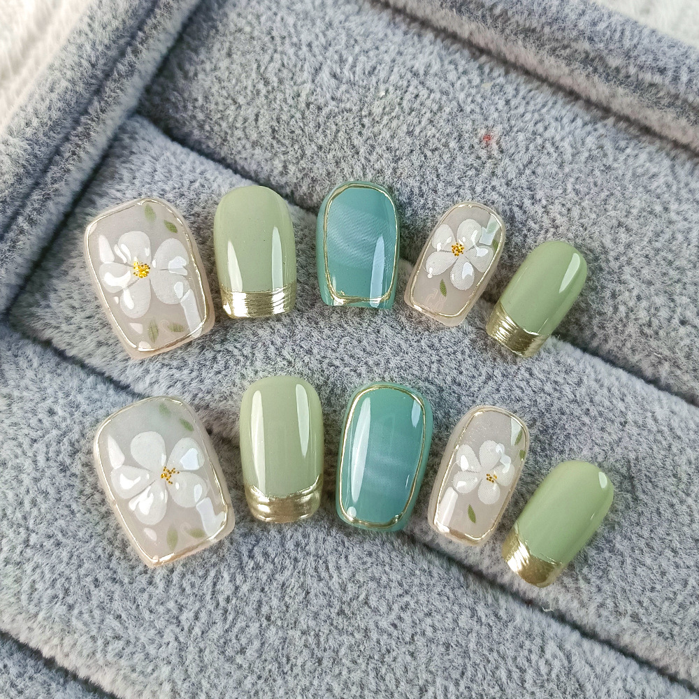 10 piezas de frutas de hielo verde camellia de uñas parche de uñas fresco pequeño parche de uñas de fototerapia hecha a mano de la uña francesa