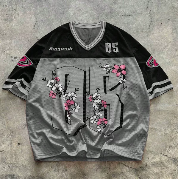 American Street Style Cherry Blossom 3D Printed Mesh Short-Sleeved T-Shirt for Men Y2K Summer Trendy Brand Loose Couple Sports Jersey