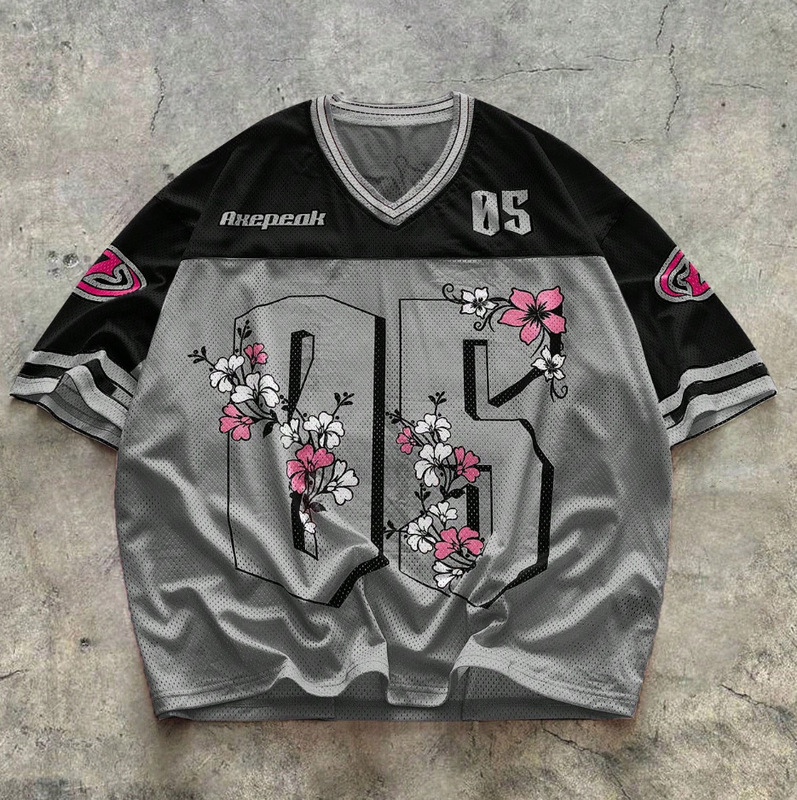 American Street Style Cherry Blossom 3D Printed Mesh Short-Sleeved T-Shirt for Men Y2K Summer Trendy Brand Loose Couple Sports Jersey