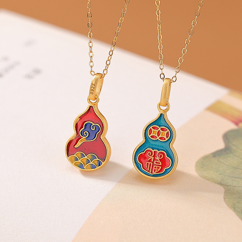 Mặt dây chuyền bạc S925 mạ vàng đính ngọc Hetian tự nhiên hình quả bầu phúc lộc — Phong cách nhân vật Fu (mặt dây chuyền đơn)