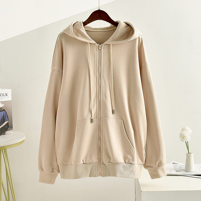 Nanyou Zipper Simple Loose Top Small Design Age-reducing Women's Jacket Early Autumn Women's Solid Color Hooded Sweatshirt