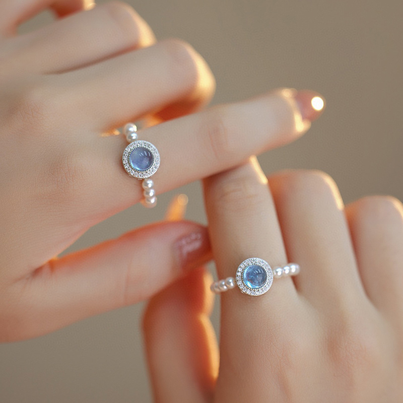 s925纯银海蓝宝天然淡水珍珠戒指女小众高级感法式优雅弹力绳手饰