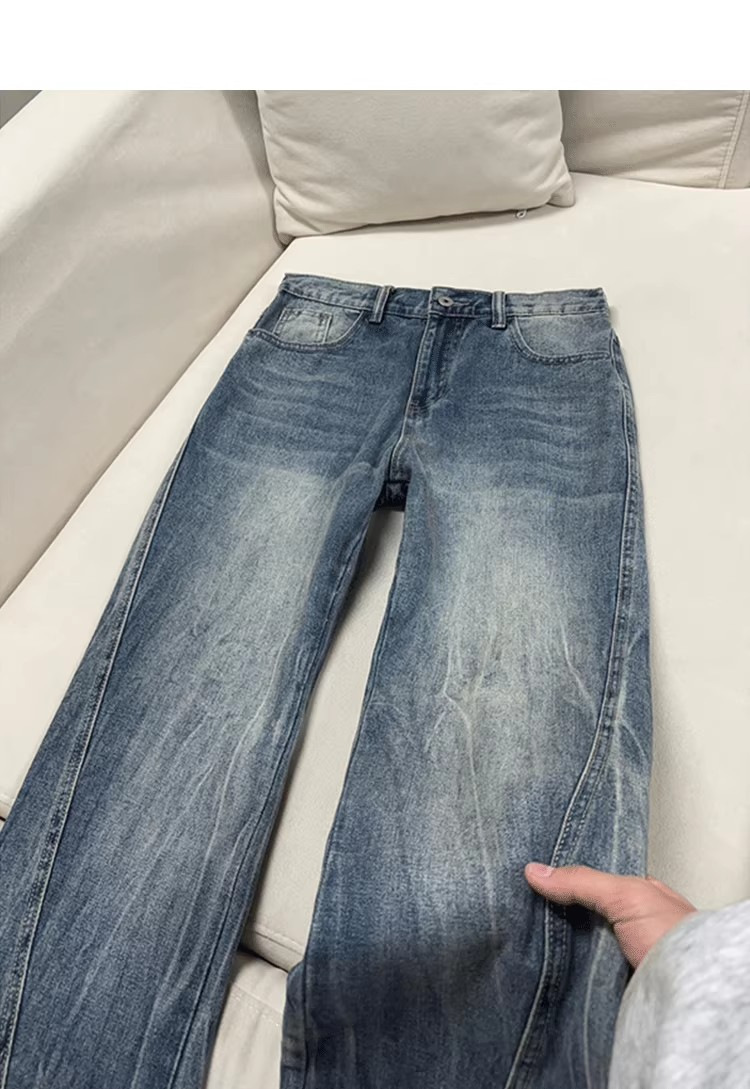 Men's Straight Leg Jeans Washed Lightning Design Clean Fit_voghion.com