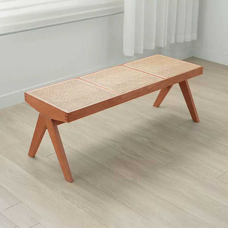 北欧日式昌迪加尔长凳床尾凳侘寂风实木中古换鞋凳民宿藤编长条凳