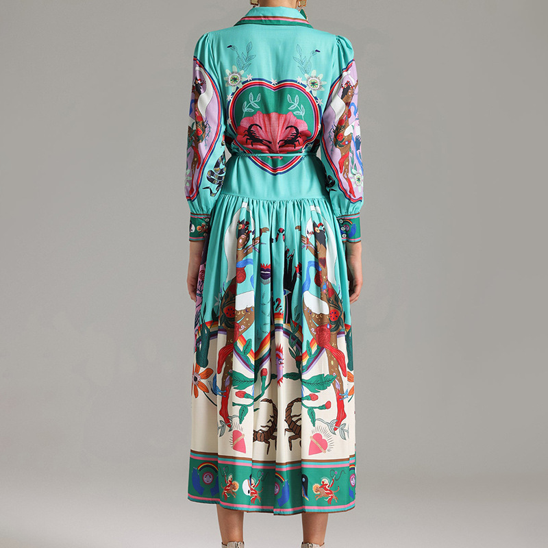 Women's Fashion Long Dress With Printed Lapel And Vintage Long Sleeves_ecoleips.com