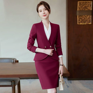 春秋款长袖深红色V领双排扣西装外套职业高级感西服正装工作套裙