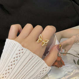 韩版新款开口蝴蝶可调节大小戒指女复古镶钻个性饰品食指中指指环