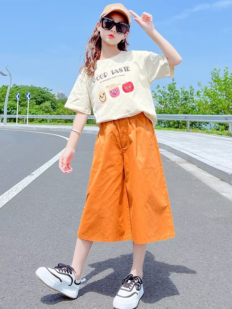 网红女童韩版休闲套装儿童夏季新款洋气卡通上衣时髦阔腿裤两件套