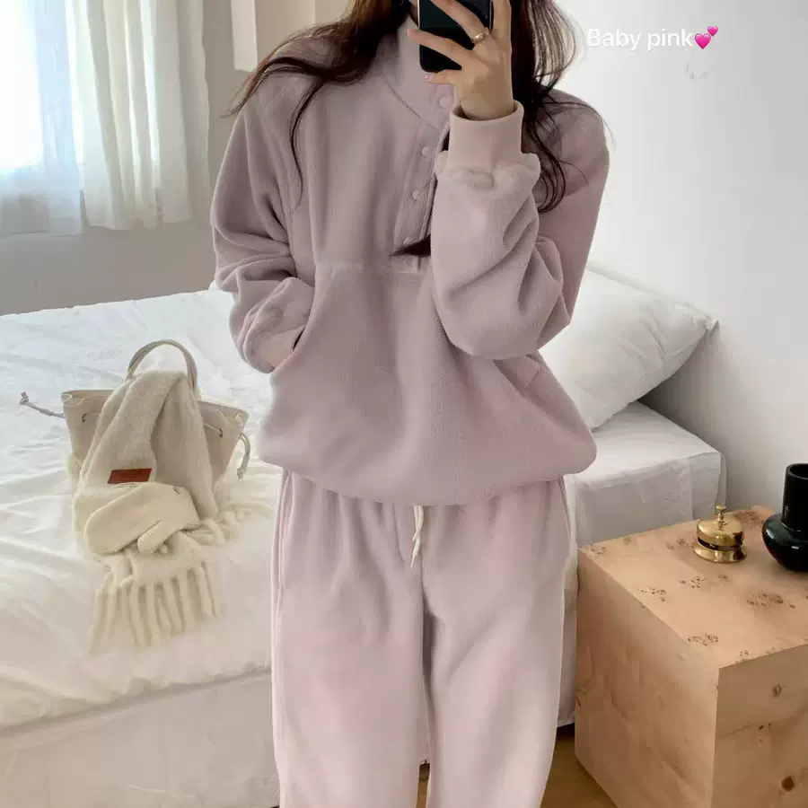 现货2025冬季新款韩国东大门纯色摇粒绒立领卫衣休闲裤卫裤套装女