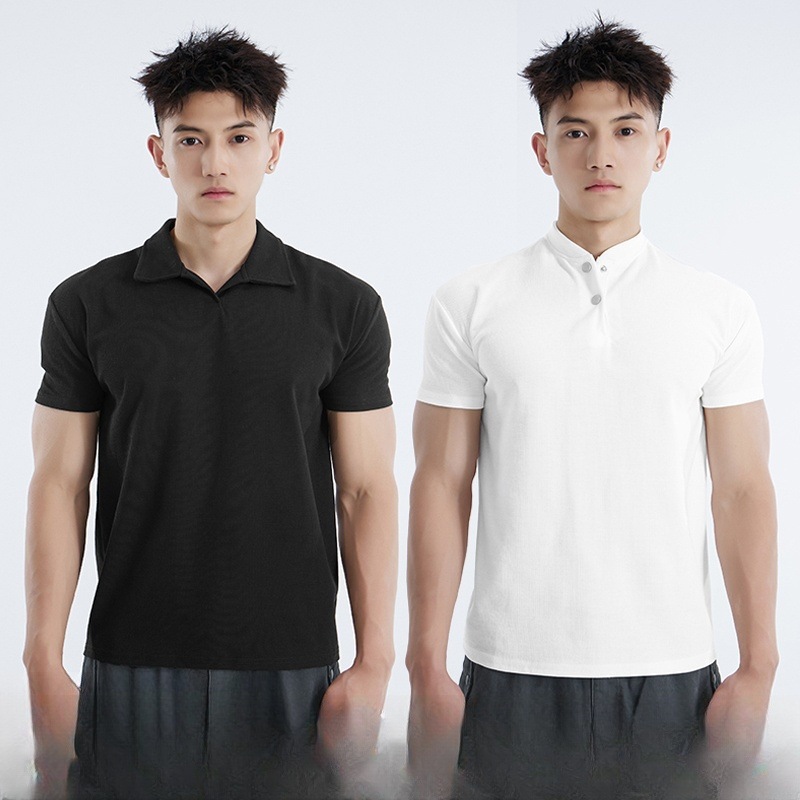 Summer New Chinoiserie Henry Collar Waffle Men's T-Shirt Loose Elastic Sports Casual Breathable Short-Sleeved Polo Shirt