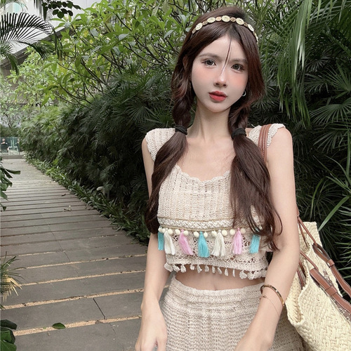 2025 New Heavy Industry Slimming A-line Large Swing Elastic Waist Hiding Fat Cashmere Crochet Hollow-out Long Dress Set for Women