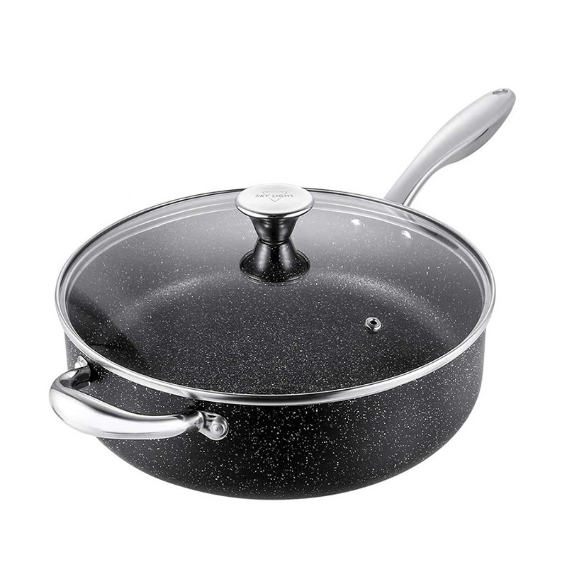Amazon proceso de disparo de aluminio recubrimiento de mármol antiadherente conjunto de utensilios de cocina de cobre de fondo doble para el hogar