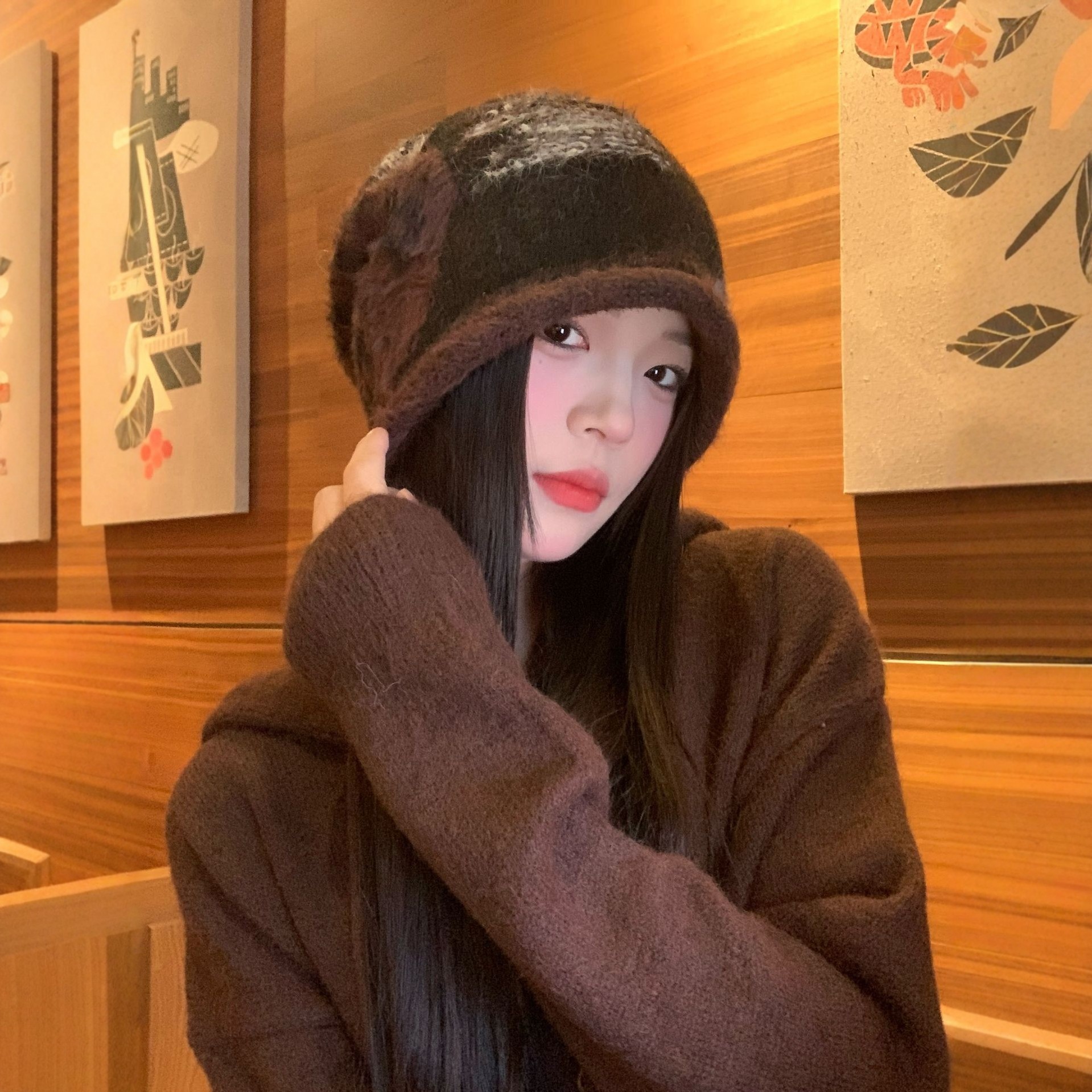 美拉德复古棕色毛绒堆堆帽子女冬季保暖大头围针织冷帽毛线包头帽