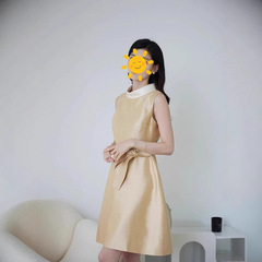 Golden gown French A-line baby dress, contrasting lapel, elegant high-end fashion exam performance birthday party mini dress