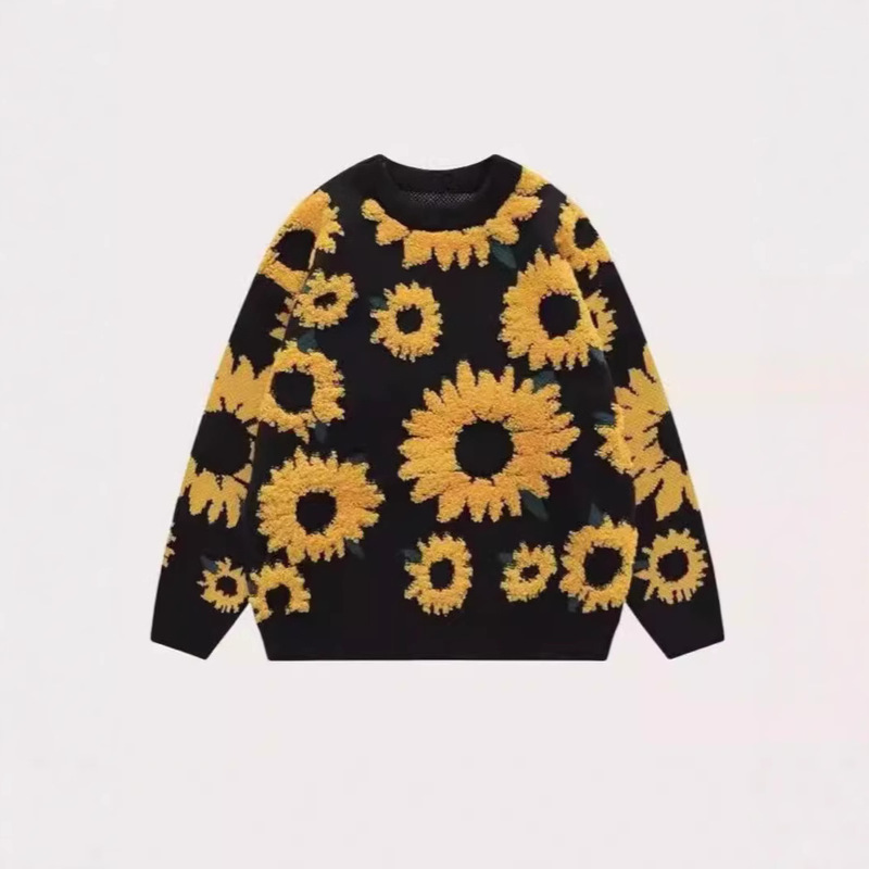 European and American Cross-border Sunflower Jacquard Pullover Sweater Women's Autumn and Winter New Loose Round Neck Long Sleeve Mid-length Sweater