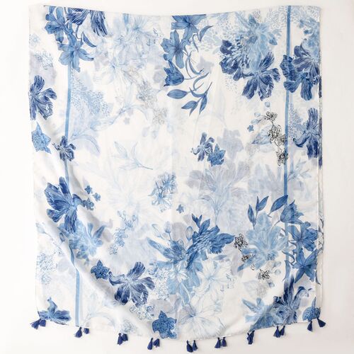 Chinese style vintage blue and white porcelain chinese dress qipao shawl cotton linen hand feel scarf  blue ink painting floral woman