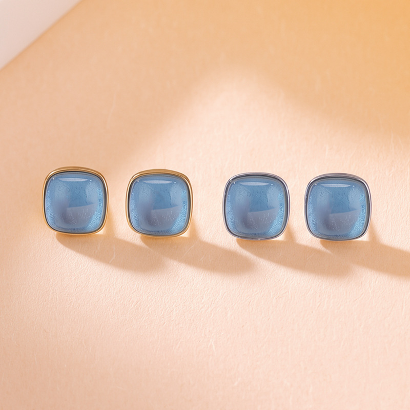 Khuyên tai nữ bạc S925 đính đá aquamarine hình vuông phong cách tối giản — Bạc