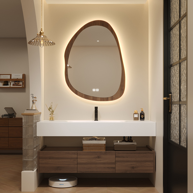 Solid Wood Bathroom Cabinet with a Light Luxury Rock Slab Integrated Washbasin, Bathroom Vanity Sink Combination Solid Wood Bathroom Cabinet with a Light Luxury Rock Slab Integrated Washbasin, Bathroom Vanity Sink Combination