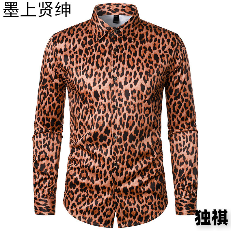 2023 New Arrival Amazon Men's Leopard Print Disco Vintage Long Sleeve Shirt Fashion European Size Slim-fit Printed Shirt
