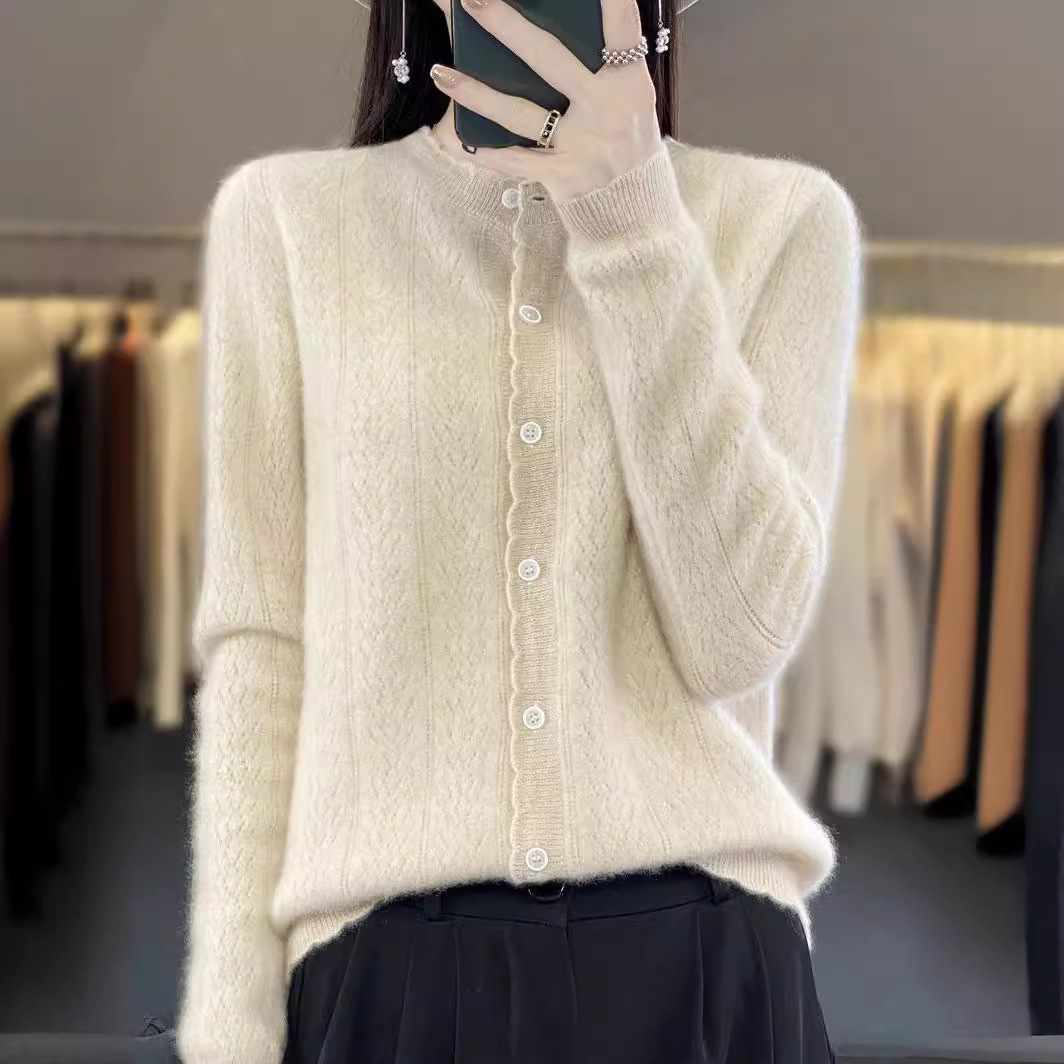 Wool Cardigan for Women 26 Spring, Autumn and Winter Style Round Neck Hollow Jacquard Sweater Loose Wool Sweater Knitted Jacket