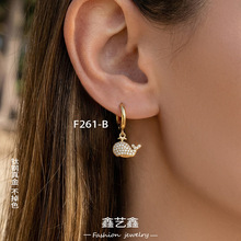 欧美时尚创意满钻小海豚吊坠耳环ins个性海洋风不锈钢镀18k金耳饰