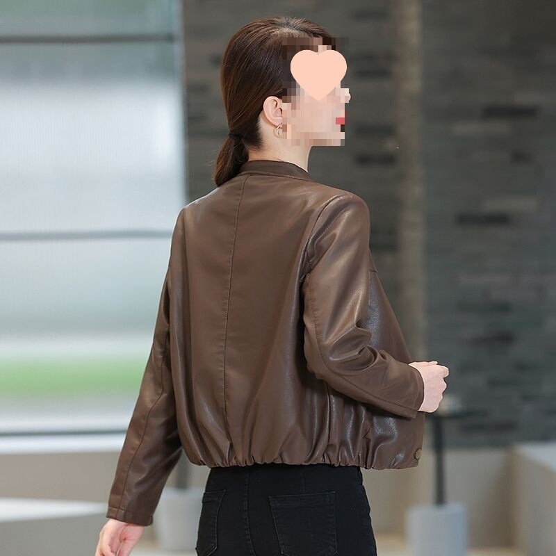 Loose-Fitting Slimming Leather Jacket for Women, Short Style, New Spring and Autumn Korean Version, Casual Biker Jacket for Petite Figures, Coffee Color