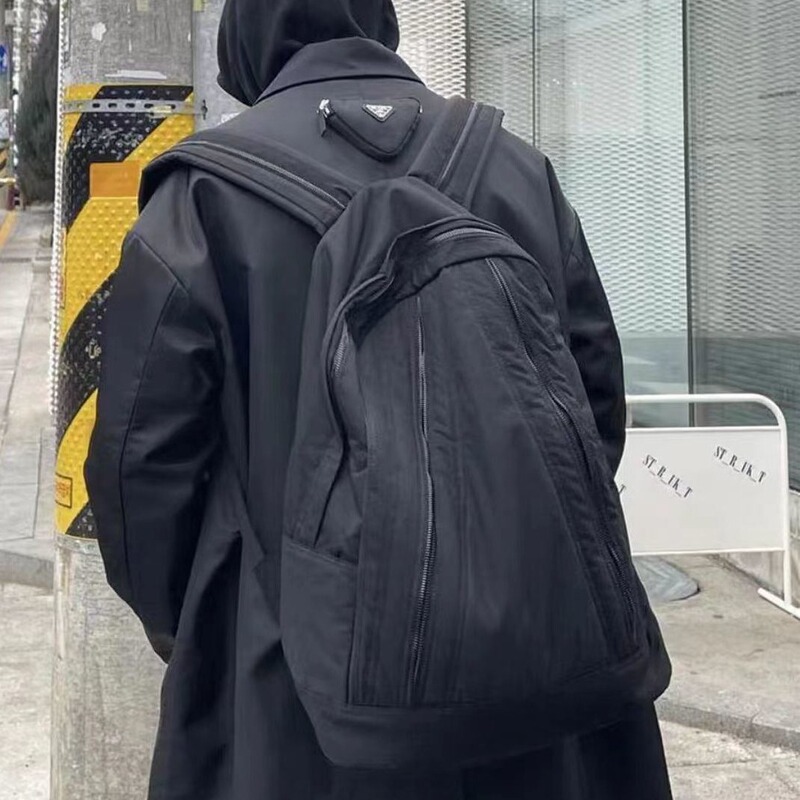 Far archive Nylon Zipper Backpack Trendy Brand Schoolbag Black Daily Commute Large Capacity Backpack