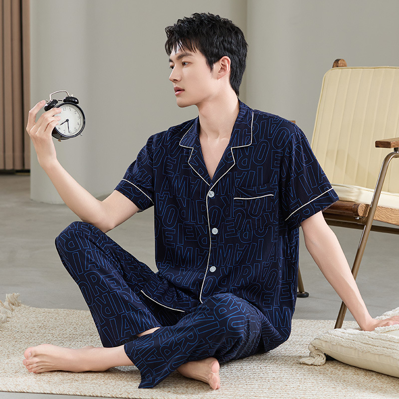 광동성 Shantou 플러스 사이즈 인공 면화 바지 여름 반팔 느슨한 얇은 남성 잠옷 여름 2025 새로운 면화 실크