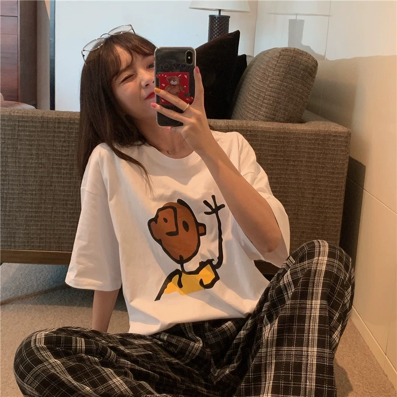 Футболка женская из чистого хлопка с принтом, короткий рукав, 2025 год, в корейском стиле, парный образ, повседневный свободный топ в стиле Гонконг, трендовый бренд для студентов