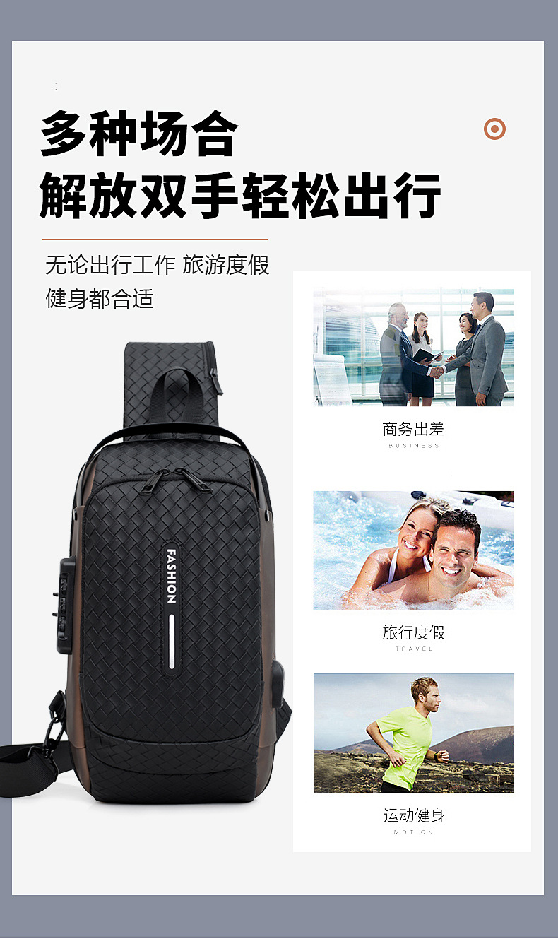 Cross-border men's chest bag, anti-theft password lock, single-shoulder bag, casual and simple crossbody bag, water-resistant outdoor storage chest bag details Picture