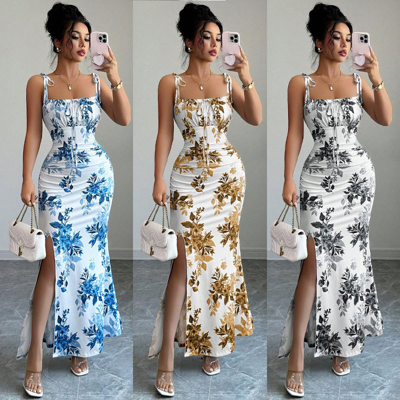 European and American Cross-Border Women's New Printed Waist-Cinching Slit Suspender Dress Floral Holiday Wear Women's Spring and Summer Style European and American Cross-Border Women's New Printed Waist-Cinching Slit Suspender Dress Floral Holiday Wear Women's Spring and Summer Style