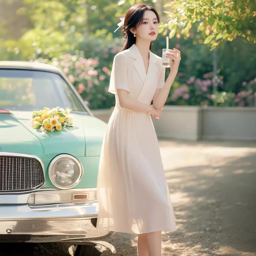 Váy liền voan trắng thắt eo dáng maxi cho nữ mùa hè — Màu trắng
