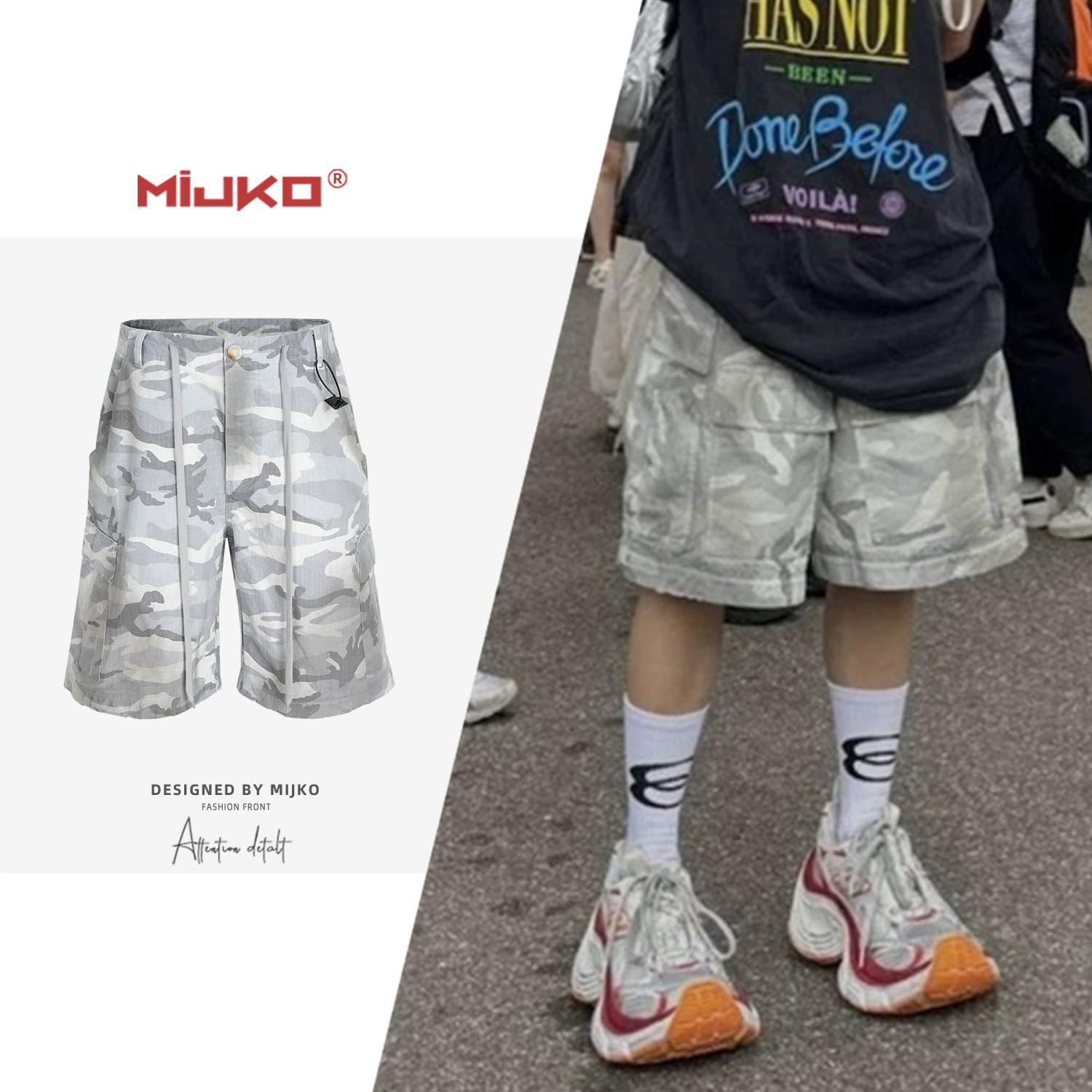 MIJKO Men's Wear Women's Spring and Summer Drawstring Casual Shorts Men's and Women's Pocket Spray Painted Dirty White Camouflage Crane Pants