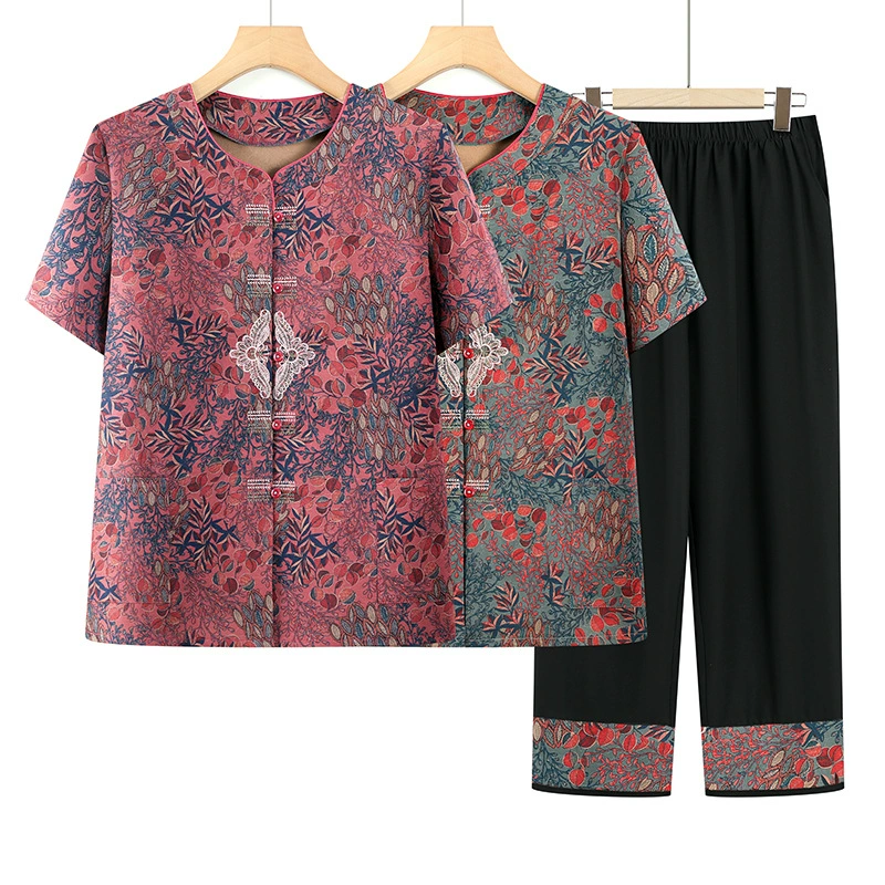 Костюм бабушки, летняя рубашка с короткими рукавами для среднего и пожилого возраста, комплект из двух предметов рубашки для мамы, одежда для 70-летней жены.