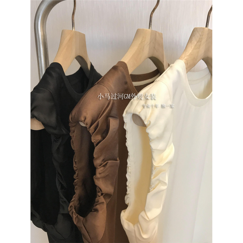 Niche R Order, so Comfortable to Wear! ! Floral Ruched Small Flutter Sleeve Acetate Round Neck Sleeveless Tank Top T-Shirt for Women