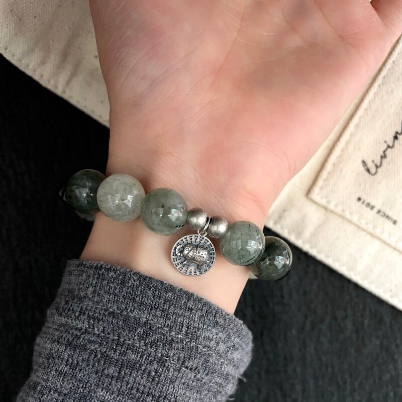 S925 Silver Natural Green Hair Crystal Agarwood Small Elephant Round Pendant Bracelet with Vintage Design to Release Negative Energy and Relieve Stress S925 Silver Natural Green Hair Crystal Agarwood Small Elephant Round Pendant Bracelet with Vintage Design to Release Negative Energy and Relieve Stress