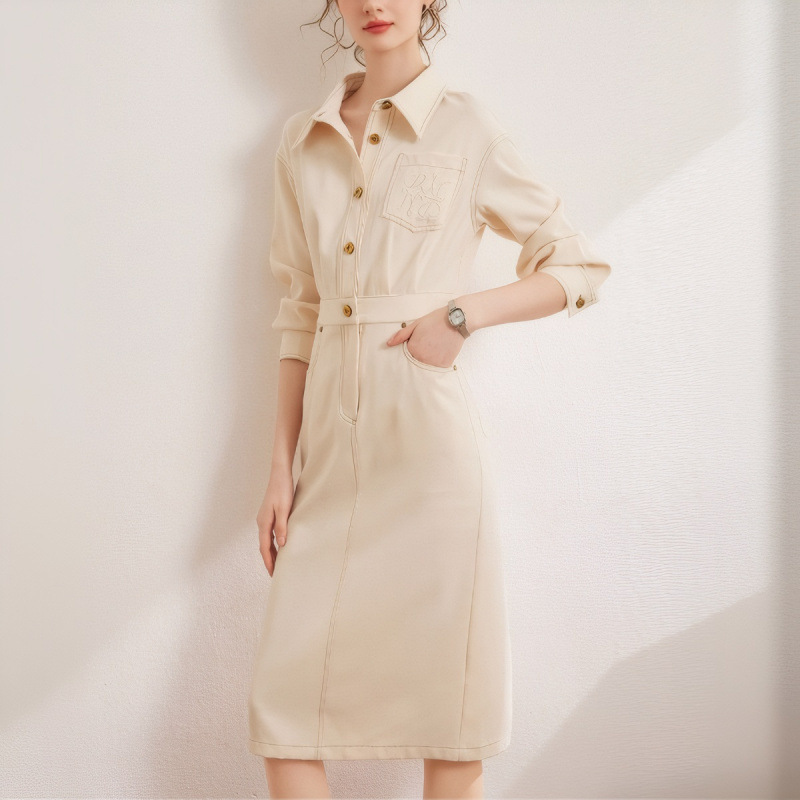 2025 spring and summer new color contrast bright line tooling style dress fashion lapel casual long sleeve women's split dress