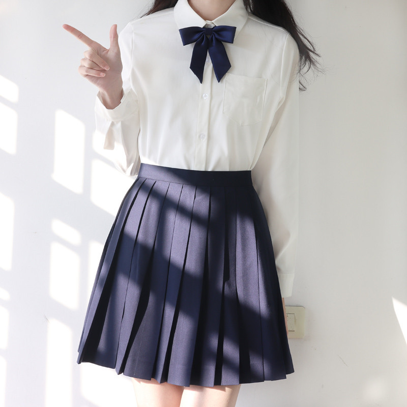 JK 유니폼 일본 봄과 여름 학교 유니폼 여학생 긴 소매 단색 흰색 셔츠 학교 유니폼 클래스 주름 치마 세트