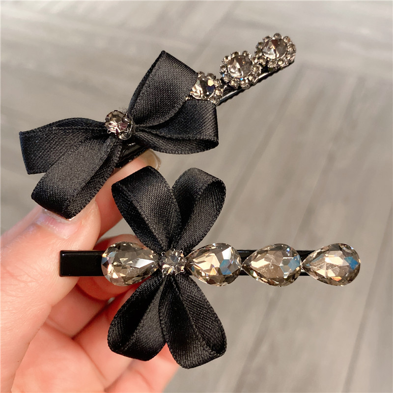 south korea dongdaemun headdress black ribbon bowknot duckbill clip new versatile rhinestone bangs clip side clip hairpin