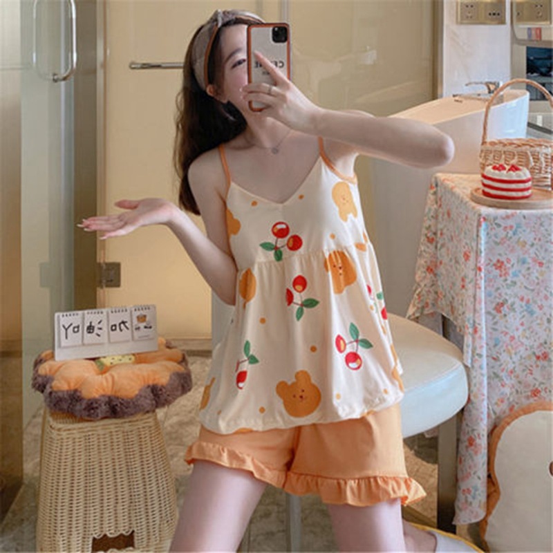 Pijama de dibujos animados con almohadilla en el pecho Honda de las mujeres Cherry Bear lindo desgaste para el hogar WeChat en línea transmisión en vivo entrega de una pieza para mujeres