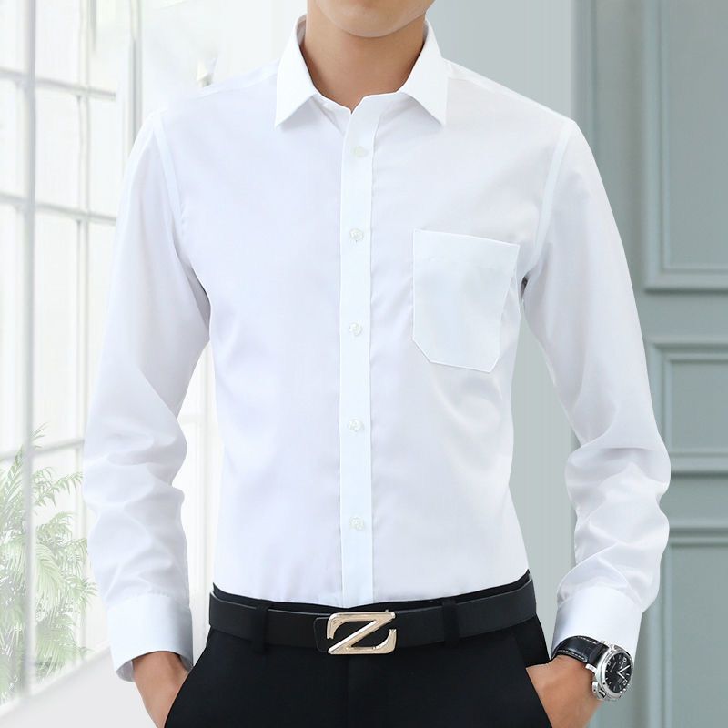 Casual Shirt Men's Long-Sleeved White Shirt No-Iron Slim Anti-Wrinkle Business Lining Suit White Ready-Made Silk