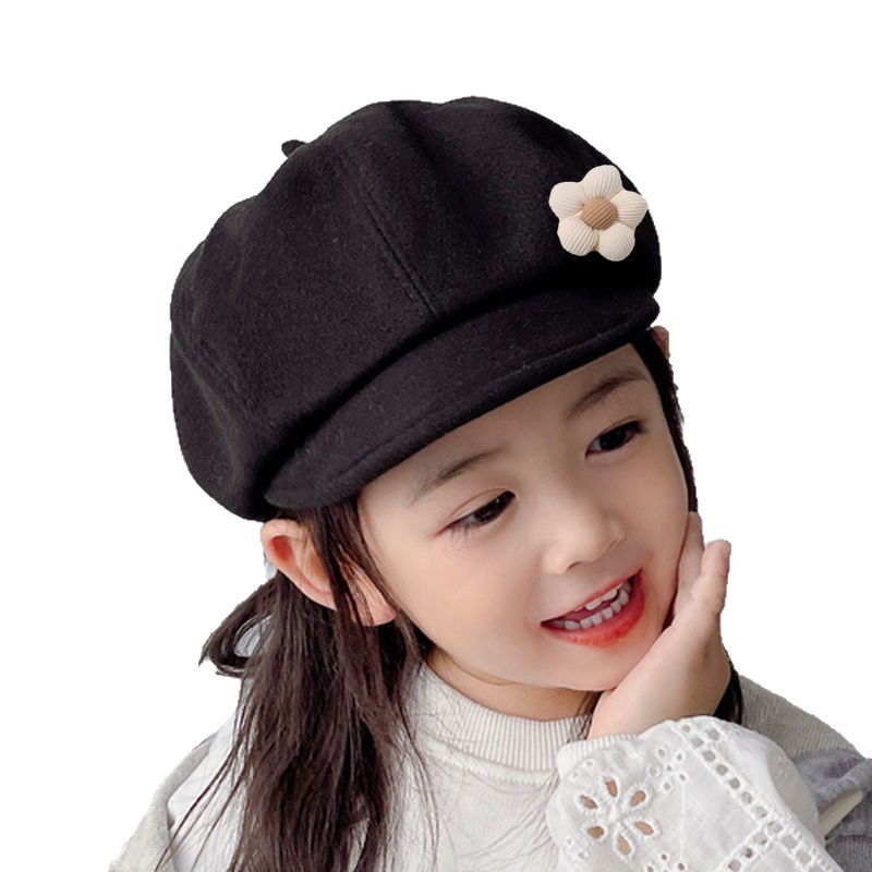 女童贝雷帽时尚韩版鸭舌帽儿童八角小学生花朵帽子春秋冬保暖防风|undefined