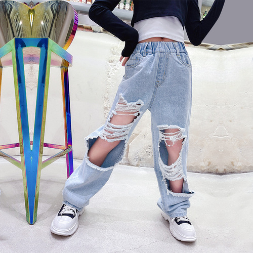 Cross-border girls' big hole jeans  spring and autumn new style Hong Kong style big children's beggar pants straight leg dad pants