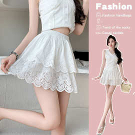 春夏新款白色法式蛋糕裙少女松紧高腰双层蕾丝蓬蓬半身短裙纯棉