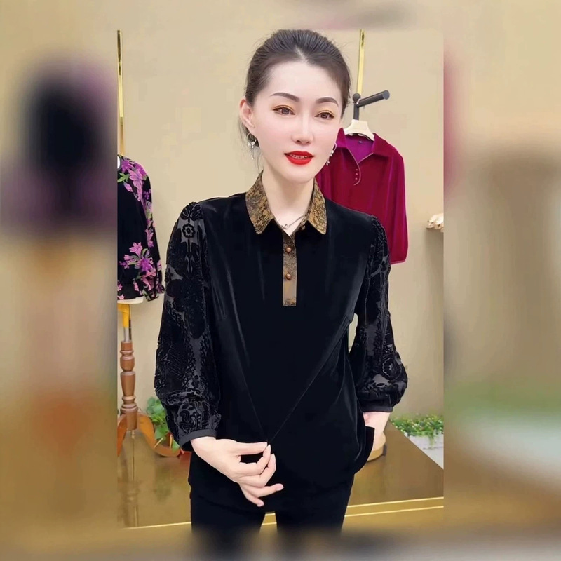 Elegant collared shirt for middle-aged mothers, women's spring wear, black stylish loose-fitting top that covers the belly, nine-quarter sleeves, gold velvet top Elegant collared shirt for middle-aged mothers, women's spring wear, black stylish loose-fitting top that covers the belly, nine-quarter sleeves, gold velvet top