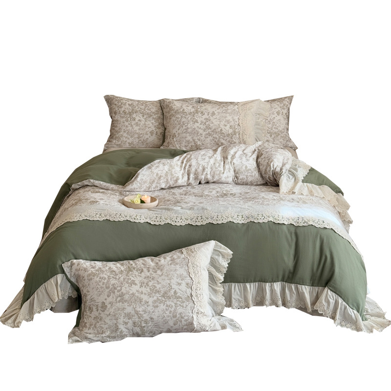 Nordic French Vintage Boho French-style Floral Four-piece Set, Pure Cotton Lace Vintage Bedding For Girls, Student Dormitory Three-piece Set_voghion.com