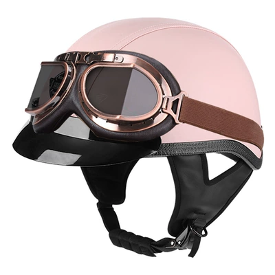 pedal locomotive universal electric car retro, Motosiklet kaskı (dəbilqə) - pink-leather-brim-bronze-mirror-m56-57cm