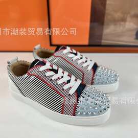 跨境cl andgz男款条纹牛皮系带鞋头铆钉低帮红底鞋女休闲板鞋