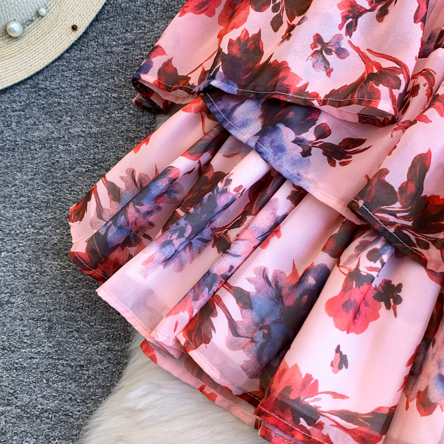 Floral Print Sweetheart Dress for Women with Bow Tie round Neck Flutter Sleeves Waist Tie Ruffled Hem Versatile Design_ecoleips.com