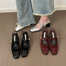 一字高跟鞋粗跟包头凉鞋女2025年春季拼接方头后空大码真软皮单鞋